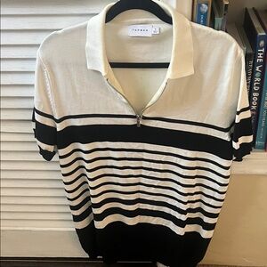 Topman Cream and Black Striped Zip-Up Sweater